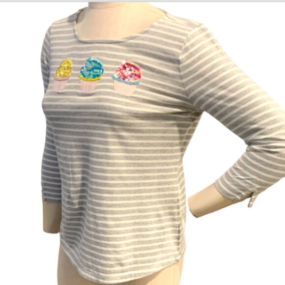 Talbots Sequin Cupcakes Striped Top Sz 2P Gray #96J - Picture 4 of 9